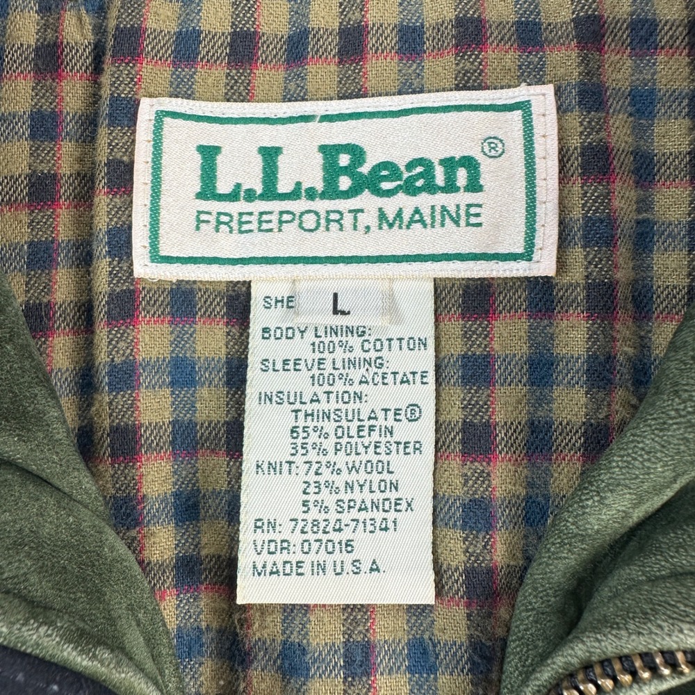 L.L. Bean Bomber Jacket Mens L Green Nubuck Leather Thinsulate Plaid Vintage - Picture 7 of 16